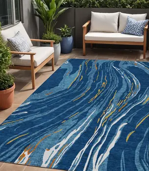 5' X 8' Navy Blue Gold And Copper Abstract Washable Indoor Outdoor Area Rug