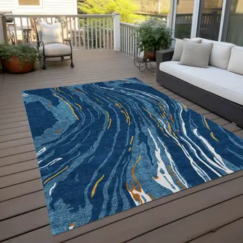 5' X 8' Navy Blue Gold And Copper Abstract Washable Indoor Outdoor Area Rug