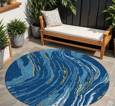 8' Navy Blue Gold And Copper Round Abstract Washable Indoor Outdoor Area Rug