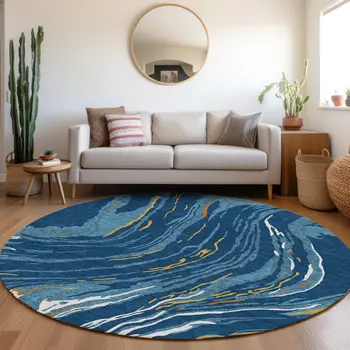 8' Navy Blue Gold And Copper Round Abstract Washable Indoor Outdoor Area Rug