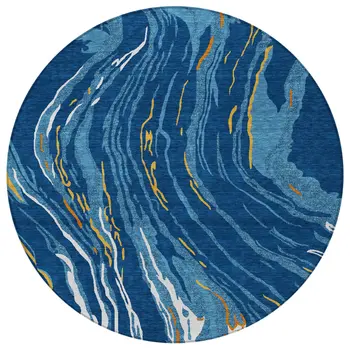8' Navy Blue Gold And Copper Round Abstract Washable Indoor Outdoor Area Rug