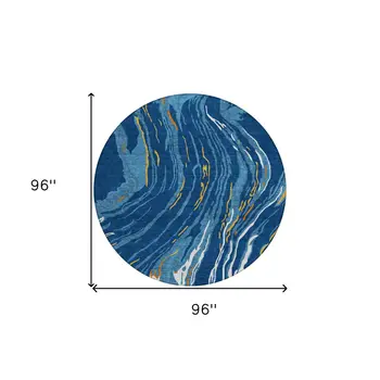 8' Navy Blue Gold And Copper Round Abstract Washable Indoor Outdoor Area Rug