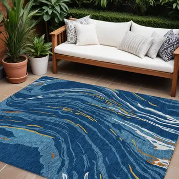 8' X 10' Navy Blue Gold And Copper Abstract Washable Indoor Outdoor Area Rug