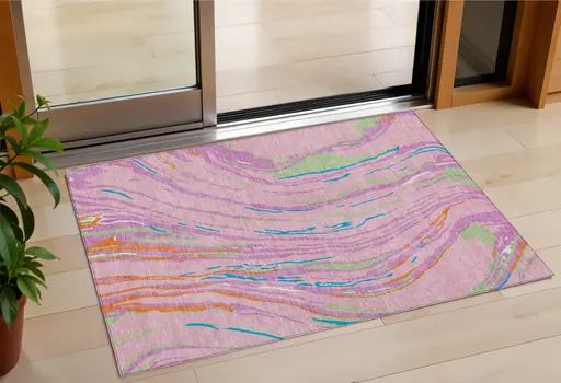 3' X 5' Pink Green And Teal Blue Abstract Washable Indoor Outdoor Area Rug