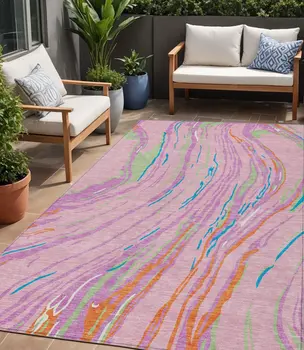 5' X 8' Pink Green And Teal Blue Abstract Washable Indoor Outdoor Area Rug