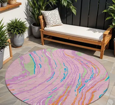 8' Pink Green And Teal Blue Round Abstract Washable Indoor Outdoor Area Rug