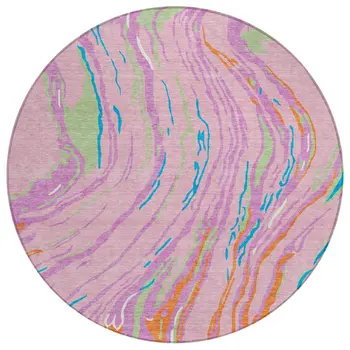 8' Pink Green And Teal Blue Round Abstract Washable Indoor Outdoor Area Rug