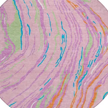8' Pink Green And Teal Blue Round Abstract Washable Indoor Outdoor Area Rug