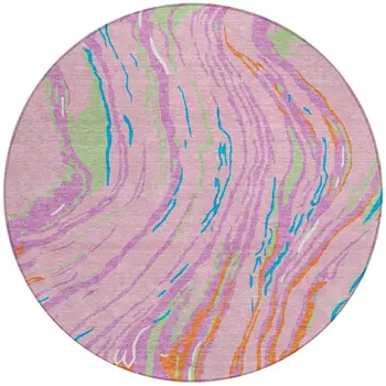8' Pink Green And Teal Blue Round Abstract Washable Indoor Outdoor Area Rug