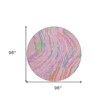 8' Pink Green And Teal Blue Round Abstract Washable Indoor Outdoor Area Rug