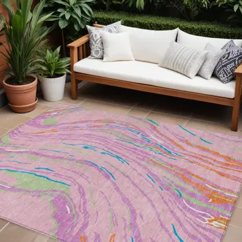 10' X 14' Pink Green And Teal Blue Abstract Washable Indoor Outdoor Area Rug