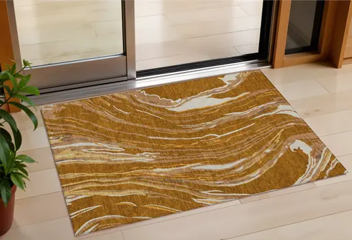 3' X 5' Brown Gold And Copper Abstract Washable Indoor Outdoor Area Rug