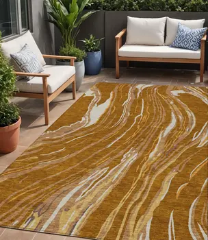5' X 8' Brown Gold And Copper Abstract Washable Indoor Outdoor Area Rug