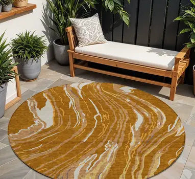 8' Brown Gold And Copper Round Abstract Washable Indoor Outdoor Area Rug