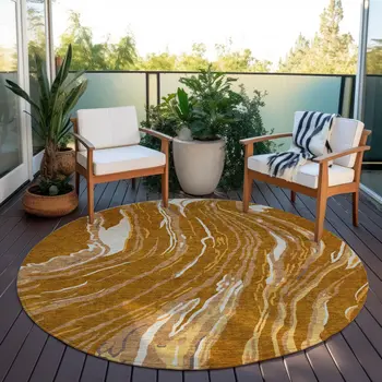 8' Brown Gold And Copper Round Abstract Washable Indoor Outdoor Area Rug
