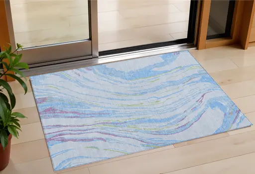3' X 5' Sky Blue Purple And Green Abstract Washable Indoor Outdoor Area Rug