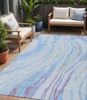 5' X 8' Sky Blue Purple And Green Abstract Washable Indoor Outdoor Area Rug