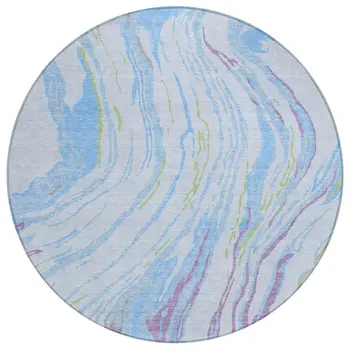 8' Sky Blue Purple And Green Round Abstract Washable Indoor Outdoor Area Rug