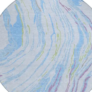 8' Sky Blue Purple And Green Round Abstract Washable Indoor Outdoor Area Rug