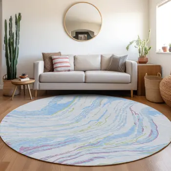8' Sky Blue Purple And Green Round Abstract Washable Indoor Outdoor Area Rug