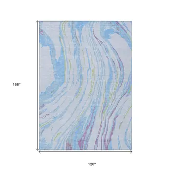 10' X 14' Sky Blue Purple And Green Abstract Washable Indoor Outdoor Area Rug