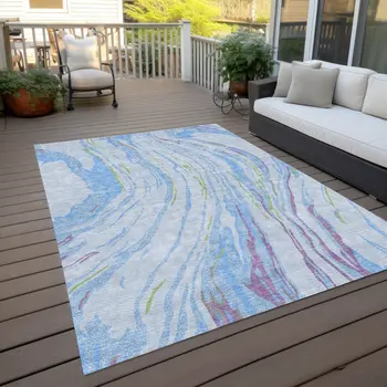 10' X 14' Sky Blue Purple And Green Abstract Washable Indoor Outdoor Area Rug