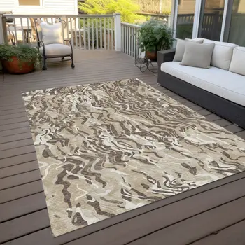 5' X 8' Beige Brown And Ivory Abstract Washable Indoor Outdoor Area Rug