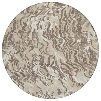 8' Beige Brown And Ivory Round Abstract Washable Indoor Outdoor Area Rug