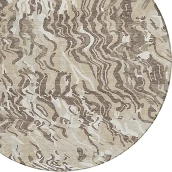 8' Beige Brown And Ivory Round Abstract Washable Indoor Outdoor Area Rug