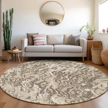 8' Beige Brown And Ivory Round Abstract Washable Indoor Outdoor Area Rug