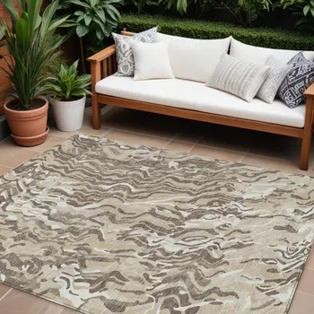 10' X 14' Beige Brown And Ivory Abstract Washable Indoor Outdoor Area Rug