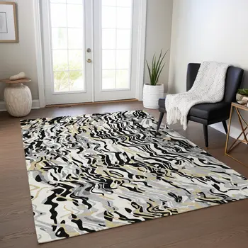 3' X 5' Black Gray And Ivory Abstract Washable Indoor Outdoor Area Rug