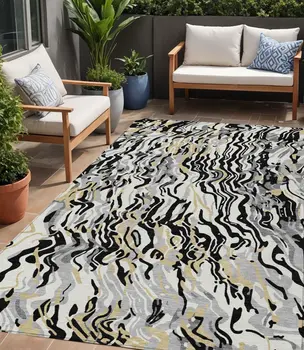 5' X 8' Black Gray And Ivory Abstract Washable Indoor Outdoor Area Rug