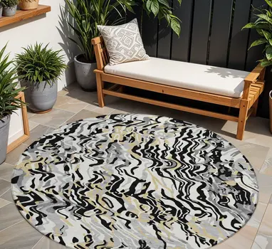 8' Black Gray And Ivory Round Abstract Washable Indoor Outdoor Area Rug