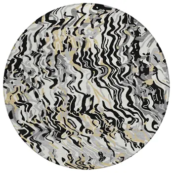 8' Black Gray And Ivory Round Abstract Washable Indoor Outdoor Area Rug