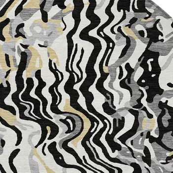 8' Black Gray And Ivory Round Abstract Washable Indoor Outdoor Area Rug