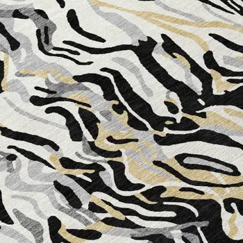 8' Black Gray And Ivory Round Abstract Washable Indoor Outdoor Area Rug