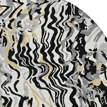 8' Black Gray And Ivory Round Abstract Washable Indoor Outdoor Area Rug