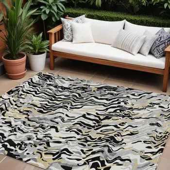 8' X 10' Black Gray And Ivory Abstract Washable Indoor Outdoor Area Rug