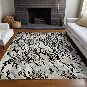 8' X 10' Black Gray And Ivory Abstract Washable Indoor Outdoor Area Rug