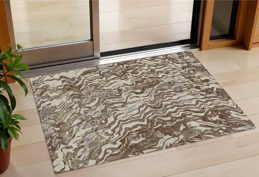 3' X 5' Brown Beige And Gray Abstract Washable Indoor Outdoor Area Rug