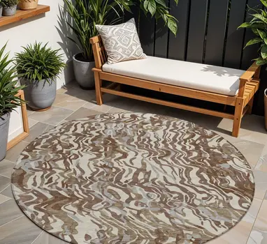 8' Brown Beige And Gray Round Abstract Washable Indoor Outdoor Area Rug