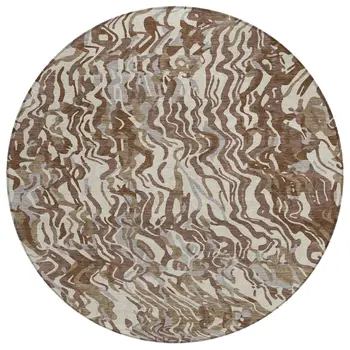 8' Brown Beige And Gray Round Abstract Washable Indoor Outdoor Area Rug