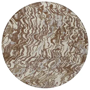 8' Brown Beige And Gray Round Abstract Washable Indoor Outdoor Area Rug