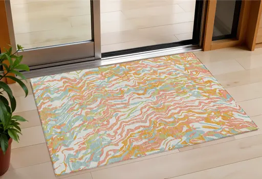 3' X 5' Coral Green And Copper Abstract Washable Indoor Outdoor Area Rug