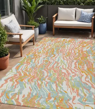 5' X 8' Coral Green And Copper Abstract Washable Indoor Outdoor Area Rug
