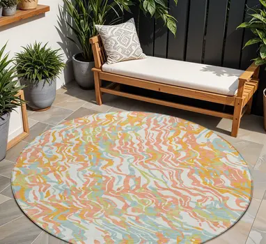 8' Coral Green And Copper Round Abstract Washable Indoor Outdoor Area Rug