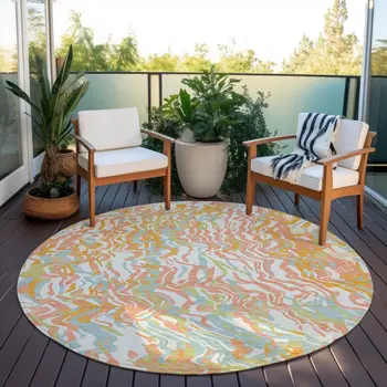 8' Coral Green And Copper Round Abstract Washable Indoor Outdoor Area Rug