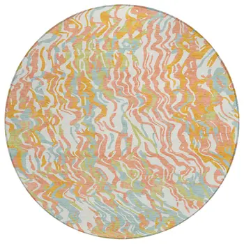 8' Coral Green And Copper Round Abstract Washable Indoor Outdoor Area Rug