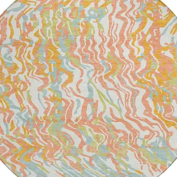 8' Coral Green And Copper Round Abstract Washable Indoor Outdoor Area Rug